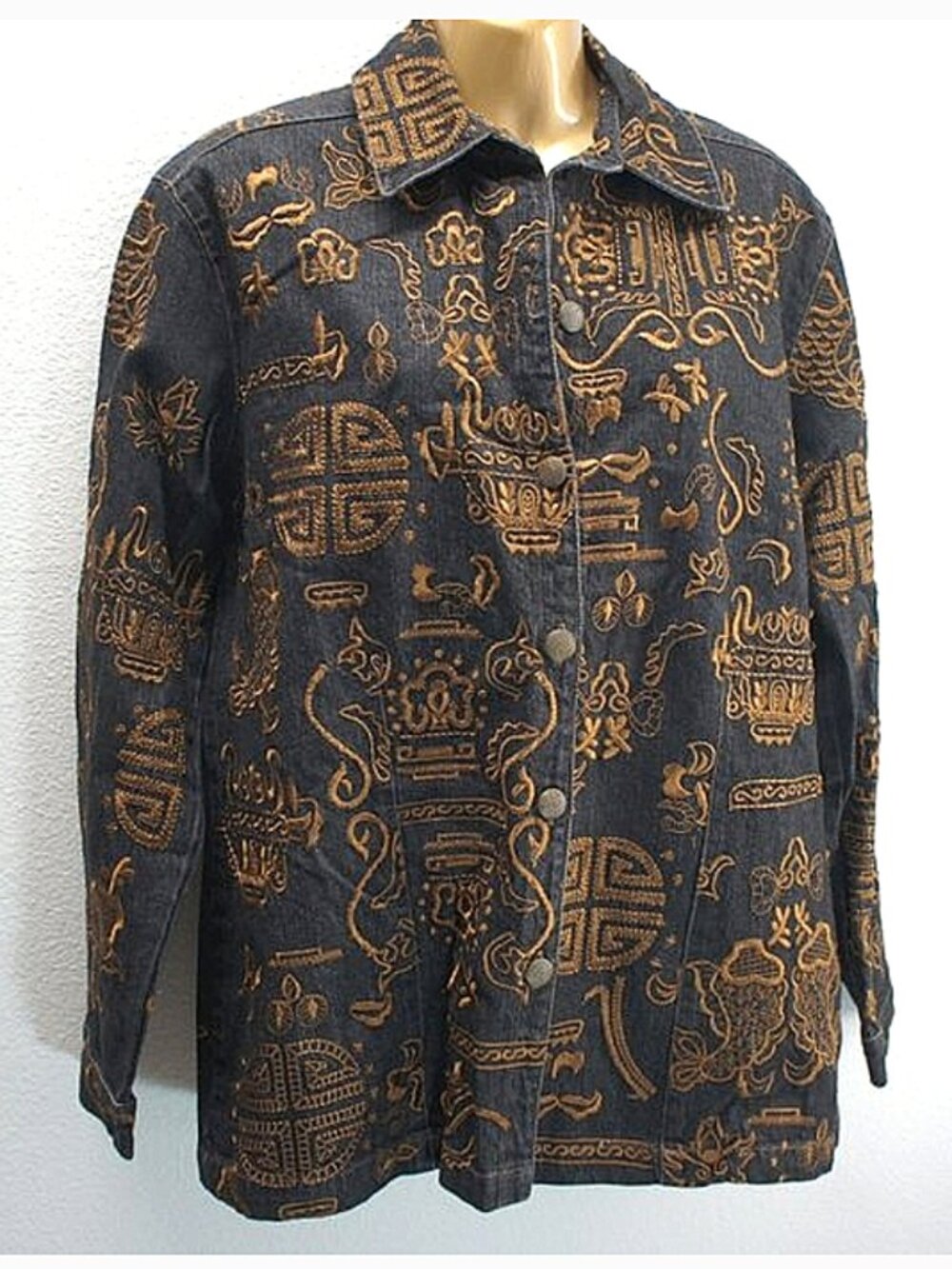 Chico's Vintage Denim Embroidered Tunic Jacket size 1
